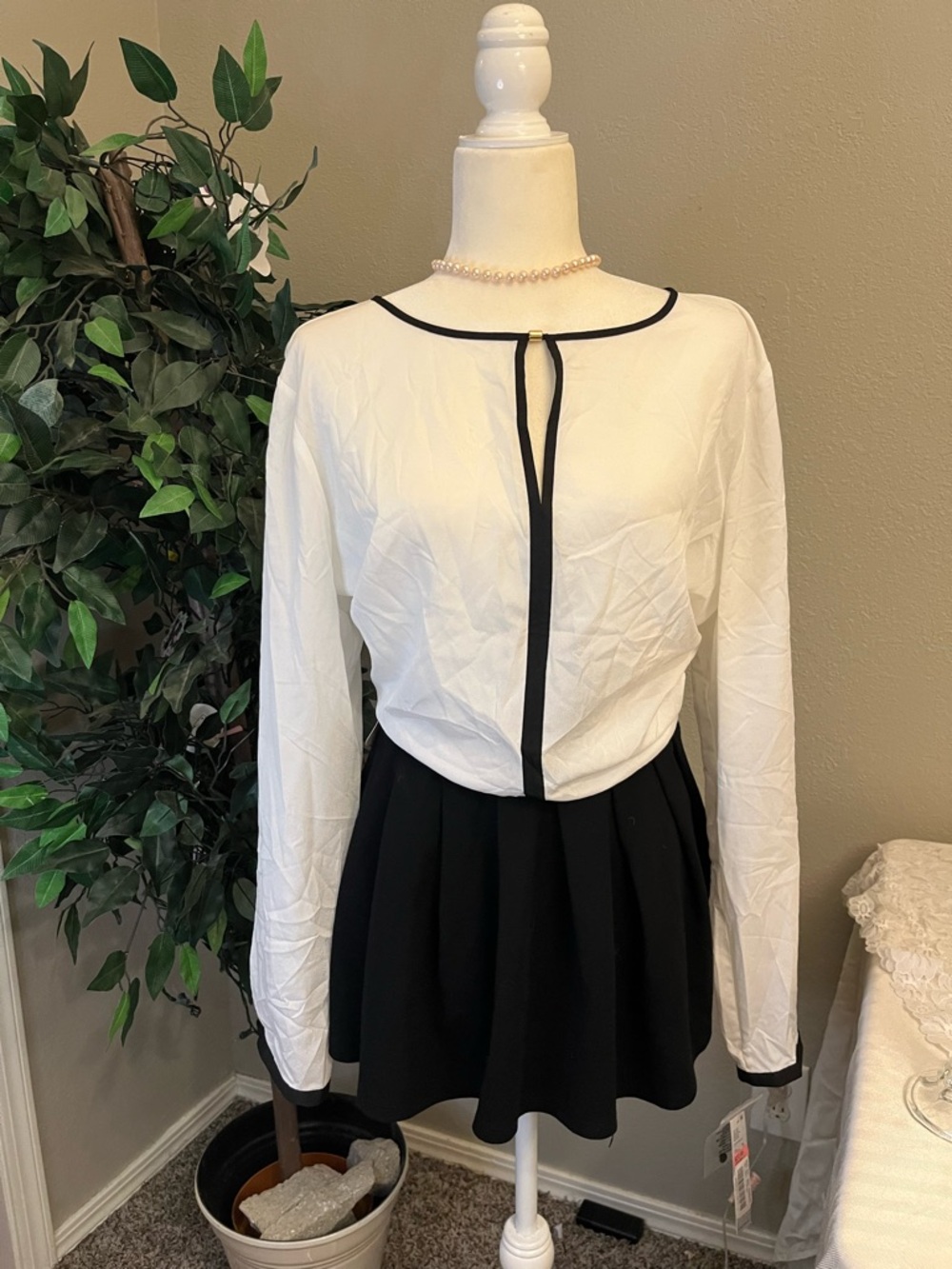Preston & York White Blouse with Black Trim and Gold Accent